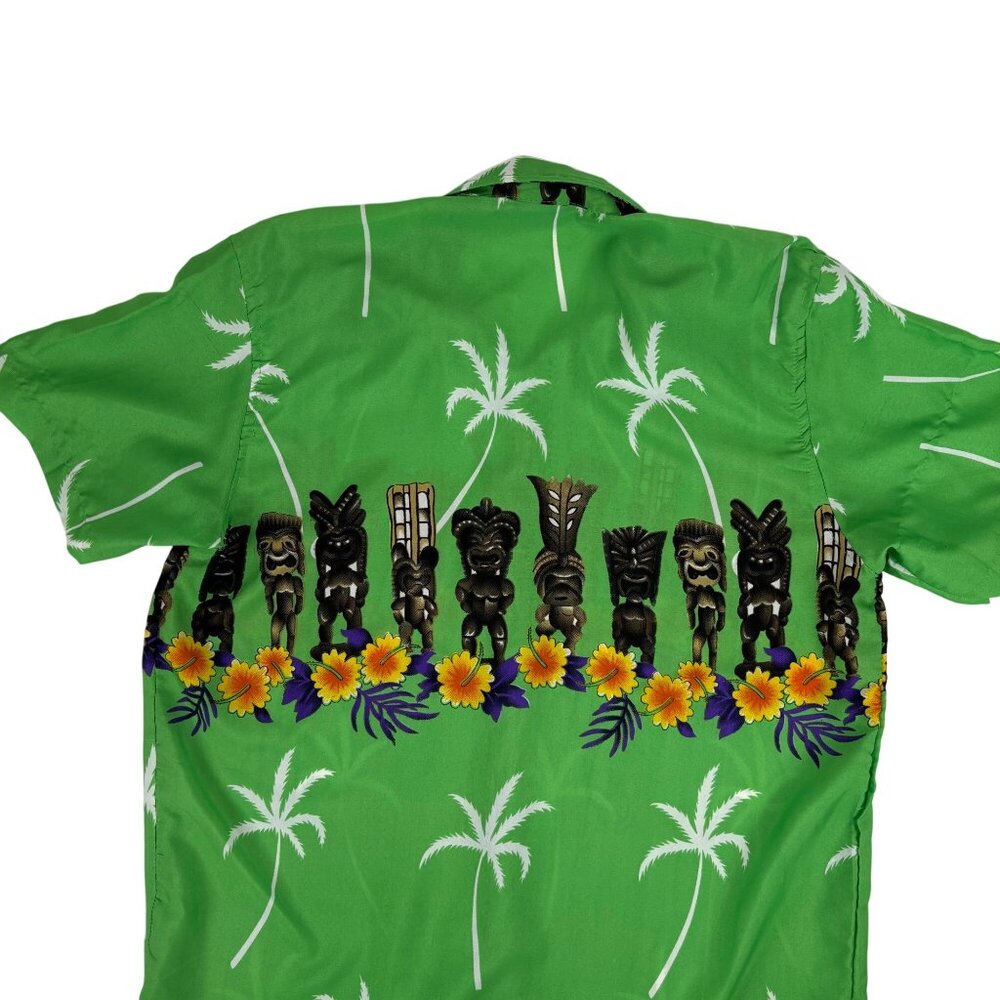 OnShore Hawaiian Shirt Mens Size Medium Green Tiki Statues Tropical Palm Trees S - Picture 8 of 11